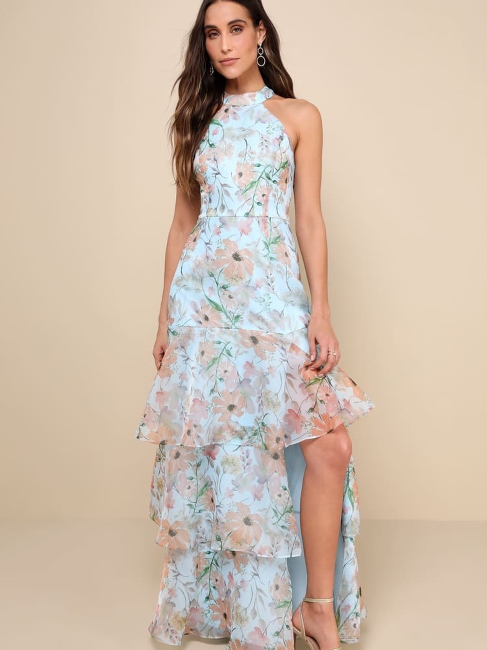 Lulu's Pastel Floral Halter Maxi Dress in Blue and Pink
